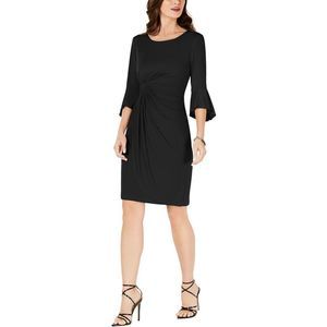 Connected Apparel Womens Black Ruched Bell Sleeves Sheath Dress Petites